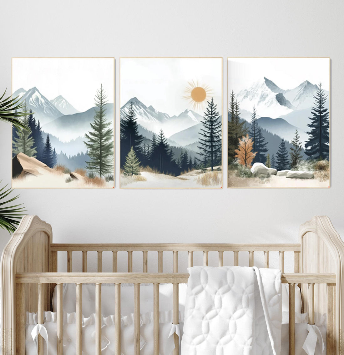 Nursery decor woodland, mountain wall art, tree nursery decor, adventure theme nursery, forest, sage green, beige, woodland animals