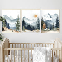 Nursery decor woodland, mountain wall art, tree nursery decor, adventure theme nursery, forest, sage green, beige, woodland animals