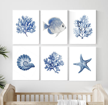 Coastal Watercolor Print Set: Fish, Coral, Seashell - Beach House Decor