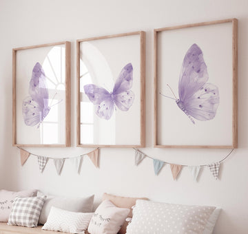 Purple Butterfly Nursery Art Prints: Boho Watercolor Set of 3