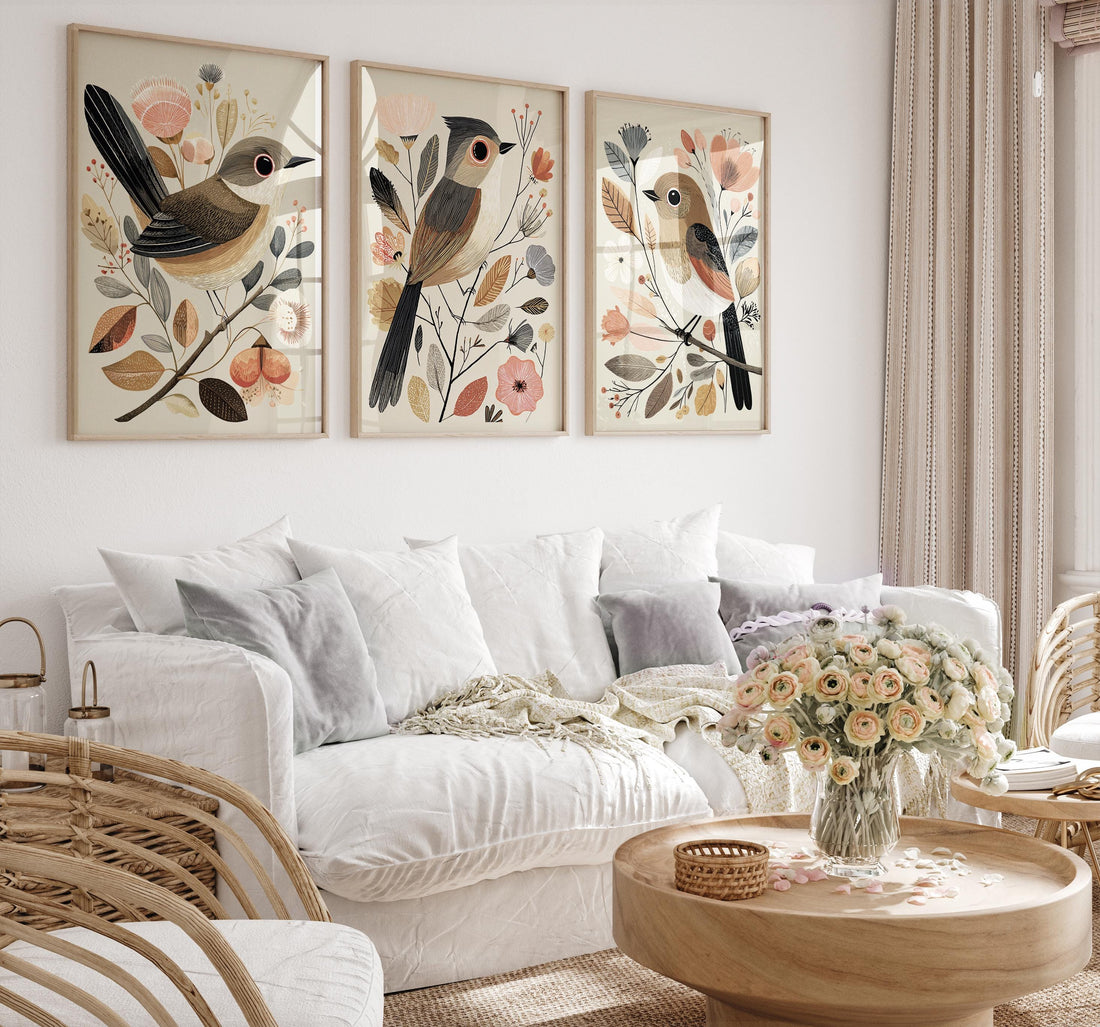 Vintage Bird Print Set: Neutral Autumn Boho Wall Art