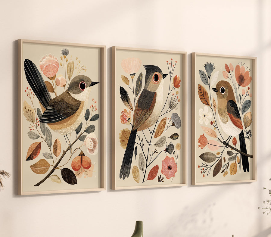 Vintage Bird Print Set: Neutral Autumn Boho Wall Art