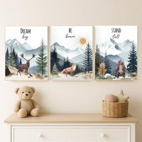 Woodland Nursery Prints: Deer, Fox, Bear - Mountain Adventure Art (Set of 3)