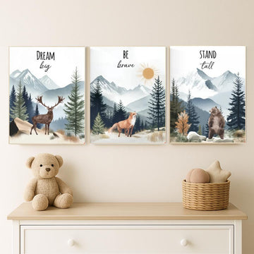 Woodland Nursery Prints: Deer, Fox, Bear - Mountain Adventure Art (Set of 3)