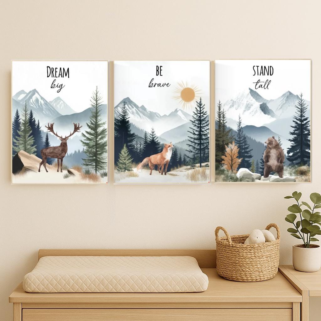 Woodland Nursery Prints: Deer, Fox, Bear - Mountain Adventure Art (Set of 3)