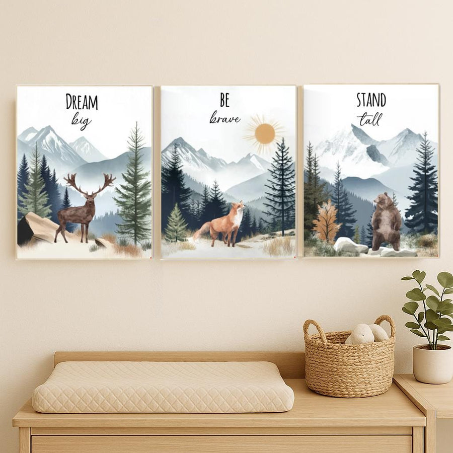 Woodland Nursery Prints: Deer, Fox, Bear - Mountain Adventure Art (Set of 3)