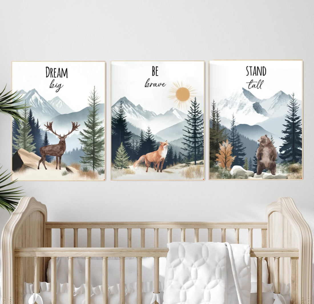 Woodland Nursery Prints: Deer, Fox, Bear - Mountain Adventure Art (Set of 3)