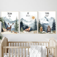 Woodland Nursery Prints: Deer, Fox, Bear - Mountain Adventure Art (Set of 3)