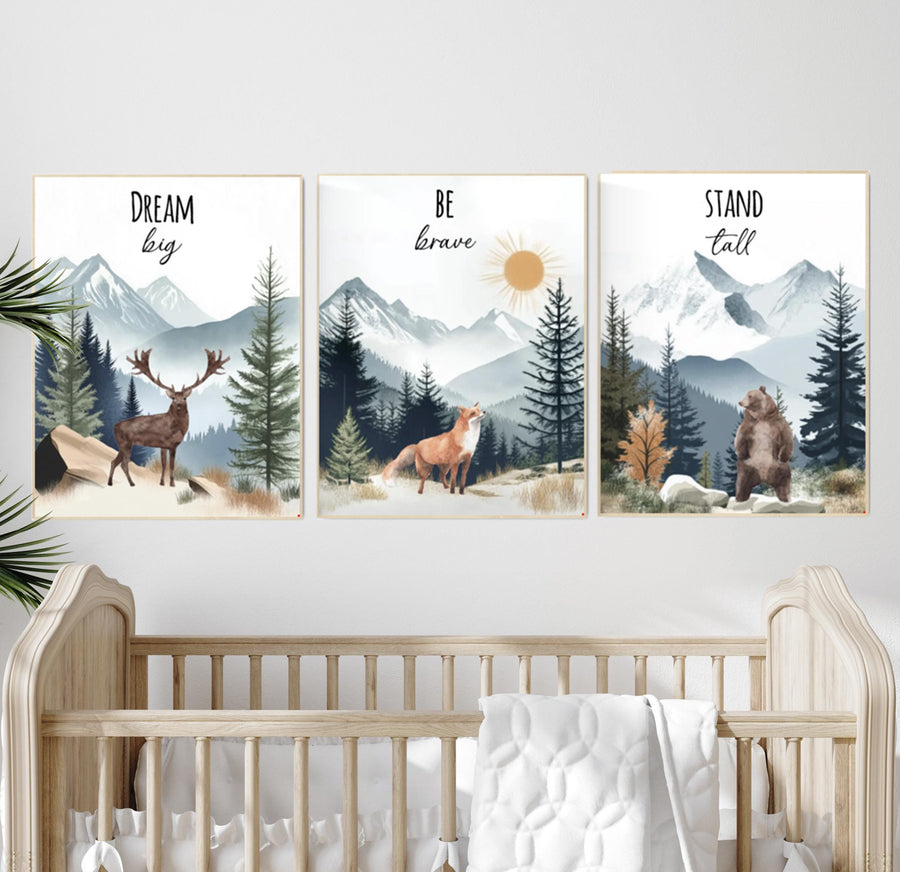 Woodland Nursery Prints: Deer, Fox, Bear - Mountain Adventure Art (Set of 3)