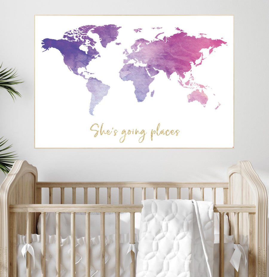 Girls Nursery World Map Poster: Pink, Purple, and Gold