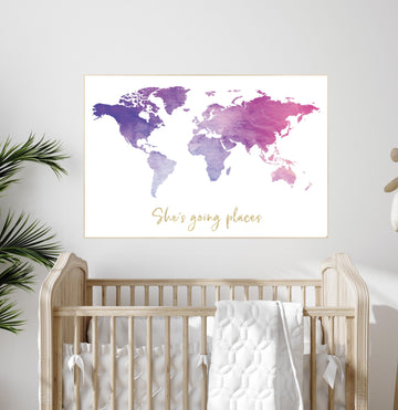 Girls Nursery World Map Poster: Pink, Purple, and Gold