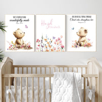 Personalized Bear Scripture Nursery Wall Art, Christian Bible Verse Prints for Baby Girl, Custom Name Floral Animal Room Decor Set