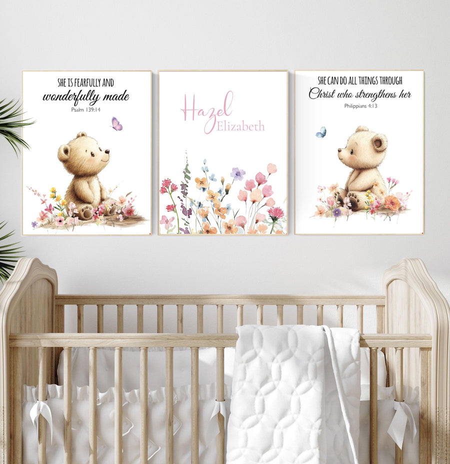 Personalized Bear Scripture Nursery Wall Art, Christian Bible Verse Prints for Baby Girl, Custom Name Floral Animal Room Decor Set