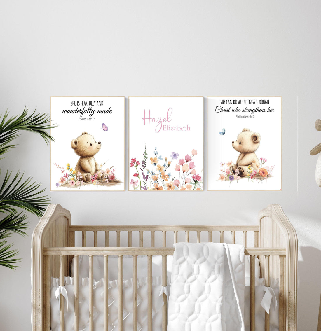 Personalized Bear Scripture Nursery Wall Art, Christian Bible Verse Prints for Baby Girl, Custom Name Floral Animal Room Decor Set