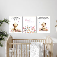 Personalized Bear Scripture Nursery Wall Art, Christian Bible Verse Prints for Baby Girl, Custom Name Floral Animal Room Decor Set