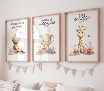 Christian Nursery Art Prints: Bear, Elephant, Giraffe Bible Verse Decor