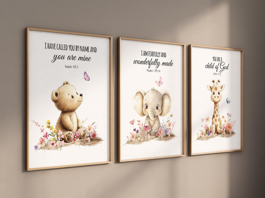 Christian Nursery Art Prints: Bear, Elephant, Giraffe Bible Verse Decor