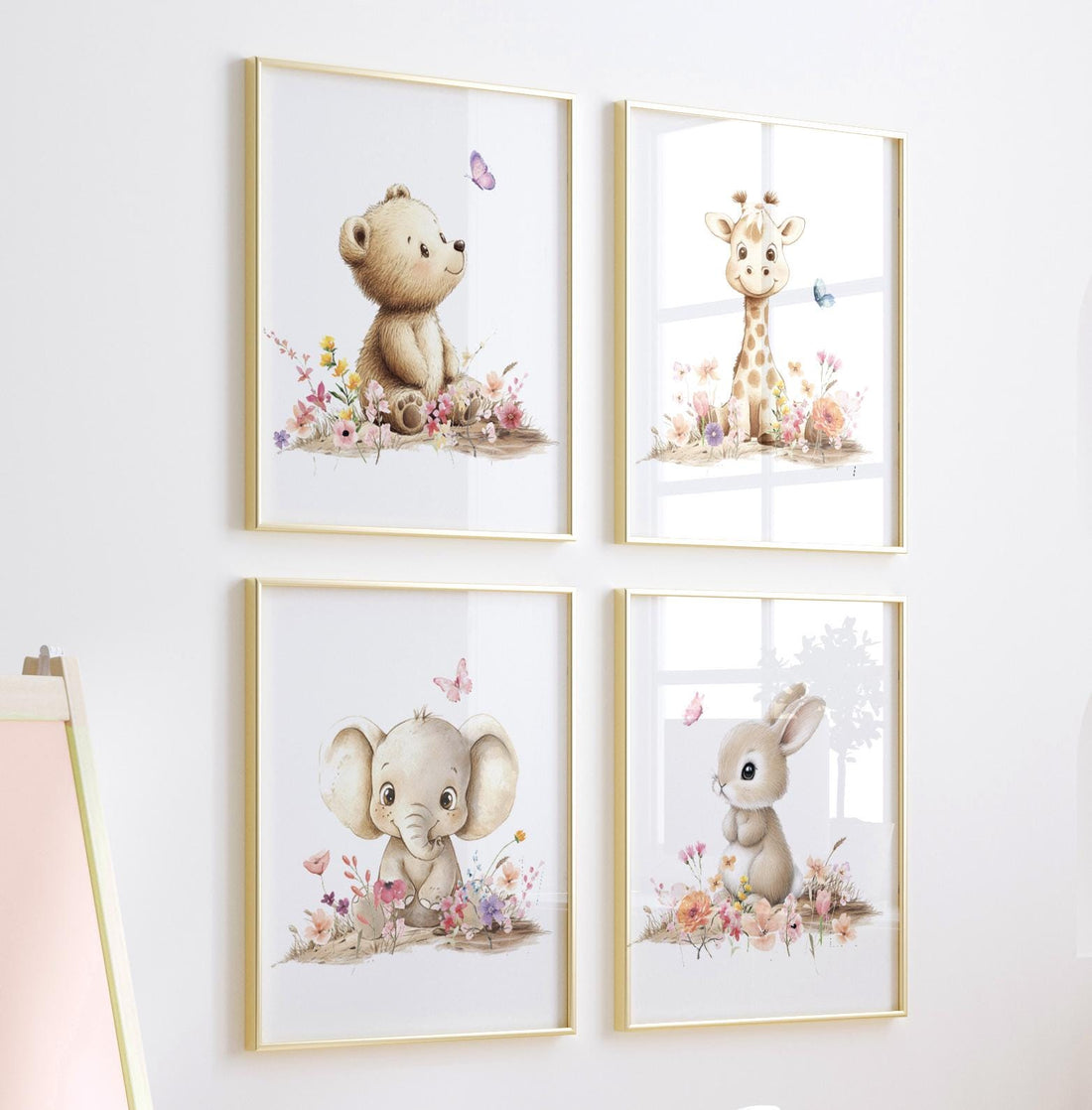 Boho Floral Nursery Art Prints: Woodland Safari Animals, Set of 4