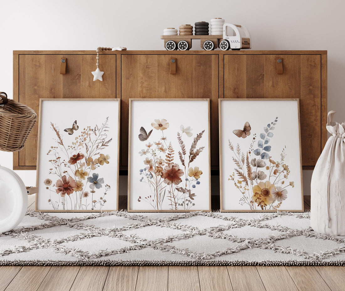 Wildflower Nursery Print Set: Rustic Botanical Art, Boho Butterfly Decor