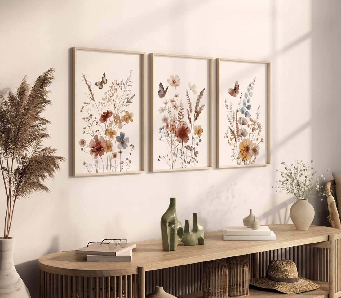 Wildflower Nursery Print Set: Rustic Botanical Art, Boho Butterfly Decor