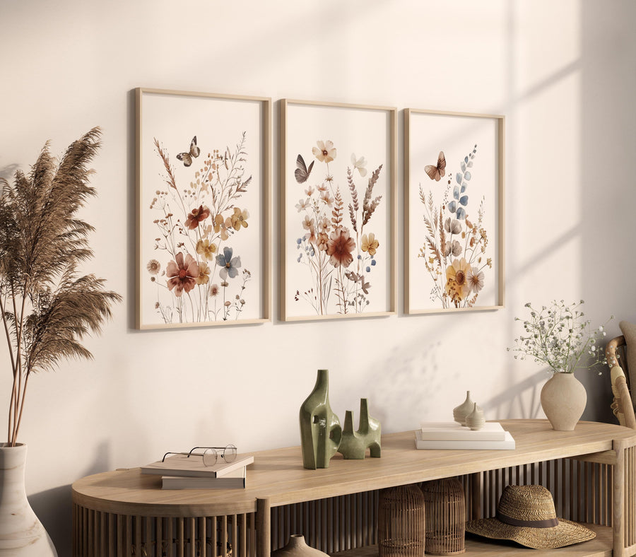 Wildflower Nursery Print Set: Rustic Botanical Art, Boho Butterfly Decor