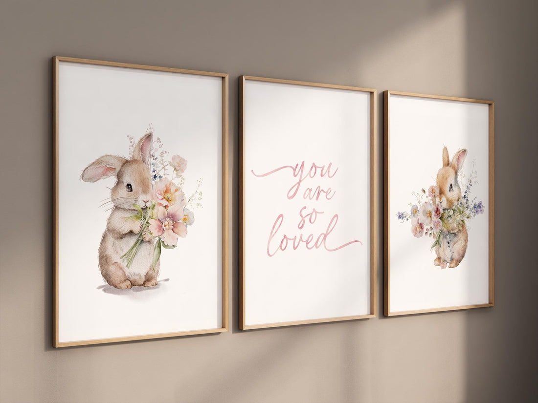 Bunny Floral Watercolor Nursery Print: Girl&