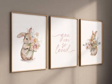 Bunny Floral Watercolor Nursery Print: Girl's Room Wall Art