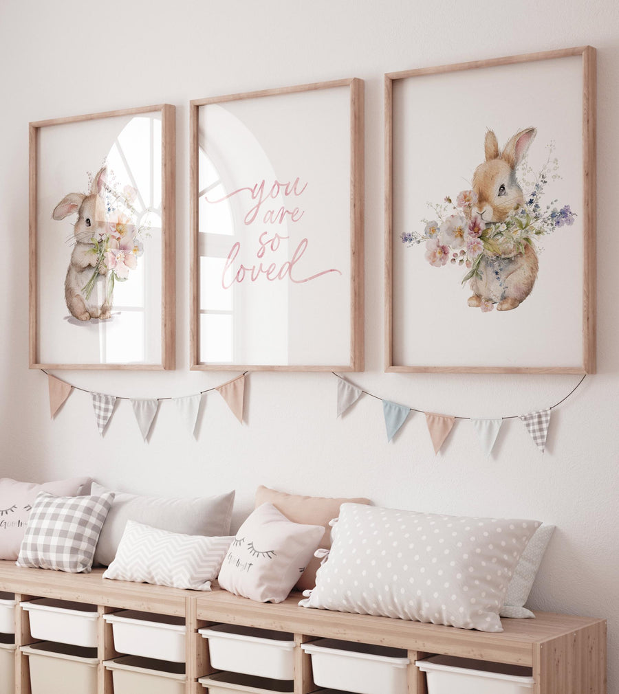 Bunny Floral Watercolor Nursery Print: Girl's Room Wall Art