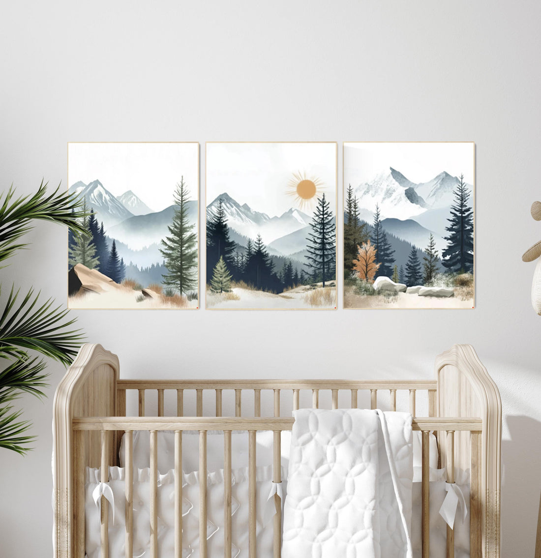 Nursery decor woodland, mountain wall art, tree nursery decor, adventure theme nursery, forest, sage green, beige, woodland animals