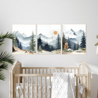 Nursery decor woodland, mountain wall art, tree nursery decor, adventure theme nursery, forest, sage green, beige, woodland animals