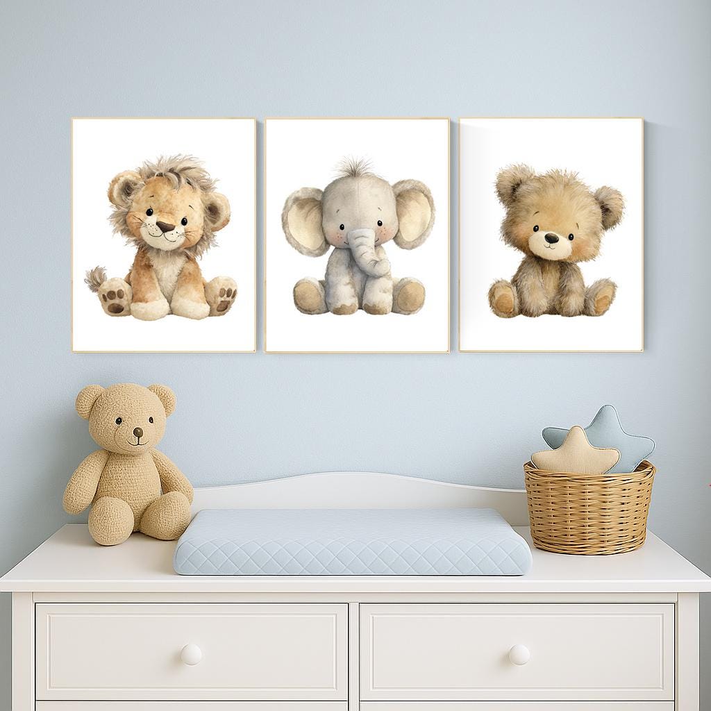 Safari Nursery Wall Art Set of 3 | Baby Lion, Elephant, Bear Prints | Neutral Plush Animal Artwork | Jungle Woodland Baby Room Decor