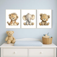Safari Nursery Wall Art Set of 3 | Baby Lion, Elephant, Bear Prints | Neutral Plush Animal Artwork | Jungle Woodland Baby Room Decor