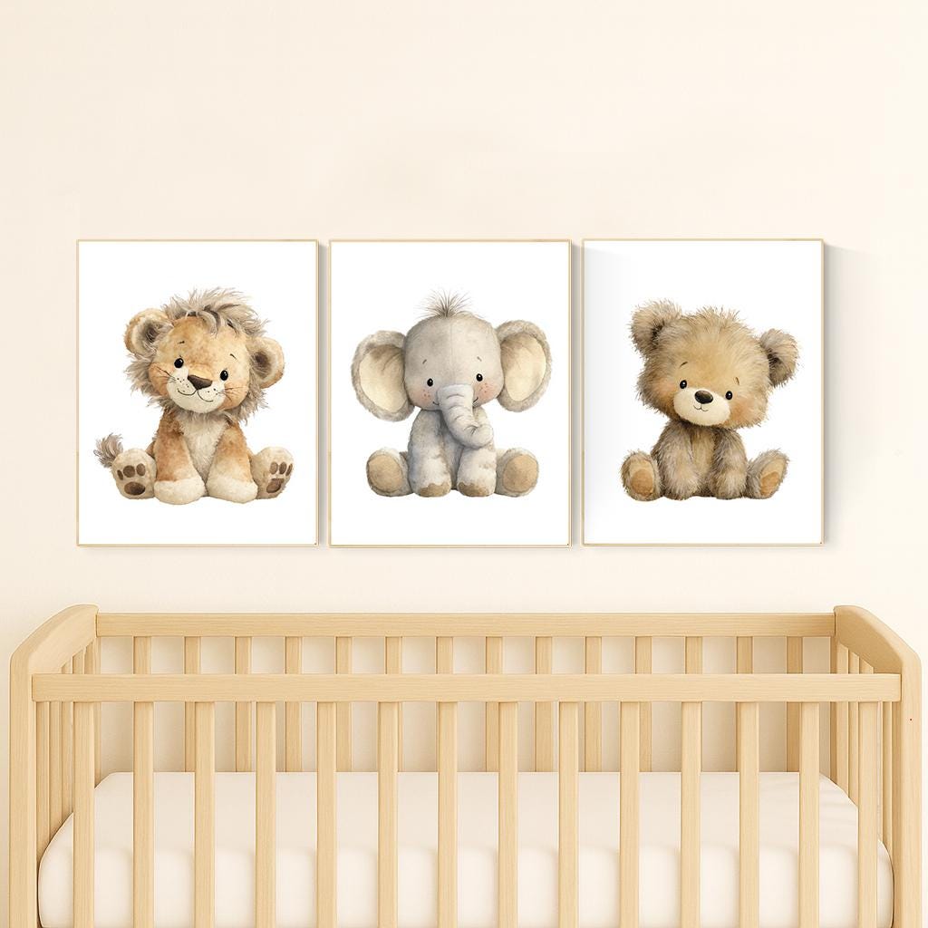 Safari Nursery Wall Art Set of 3 | Baby Lion, Elephant, Bear Prints | Neutral Plush Animal Artwork | Jungle Woodland Baby Room Decor