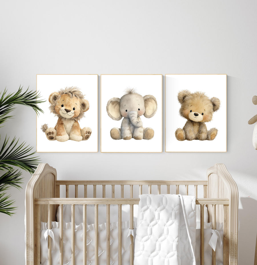 Safari Nursery Wall Art Set of 3 | Baby Lion, Elephant, Bear Prints | Neutral Plush Animal Artwork | Jungle Woodland Baby Room Decor