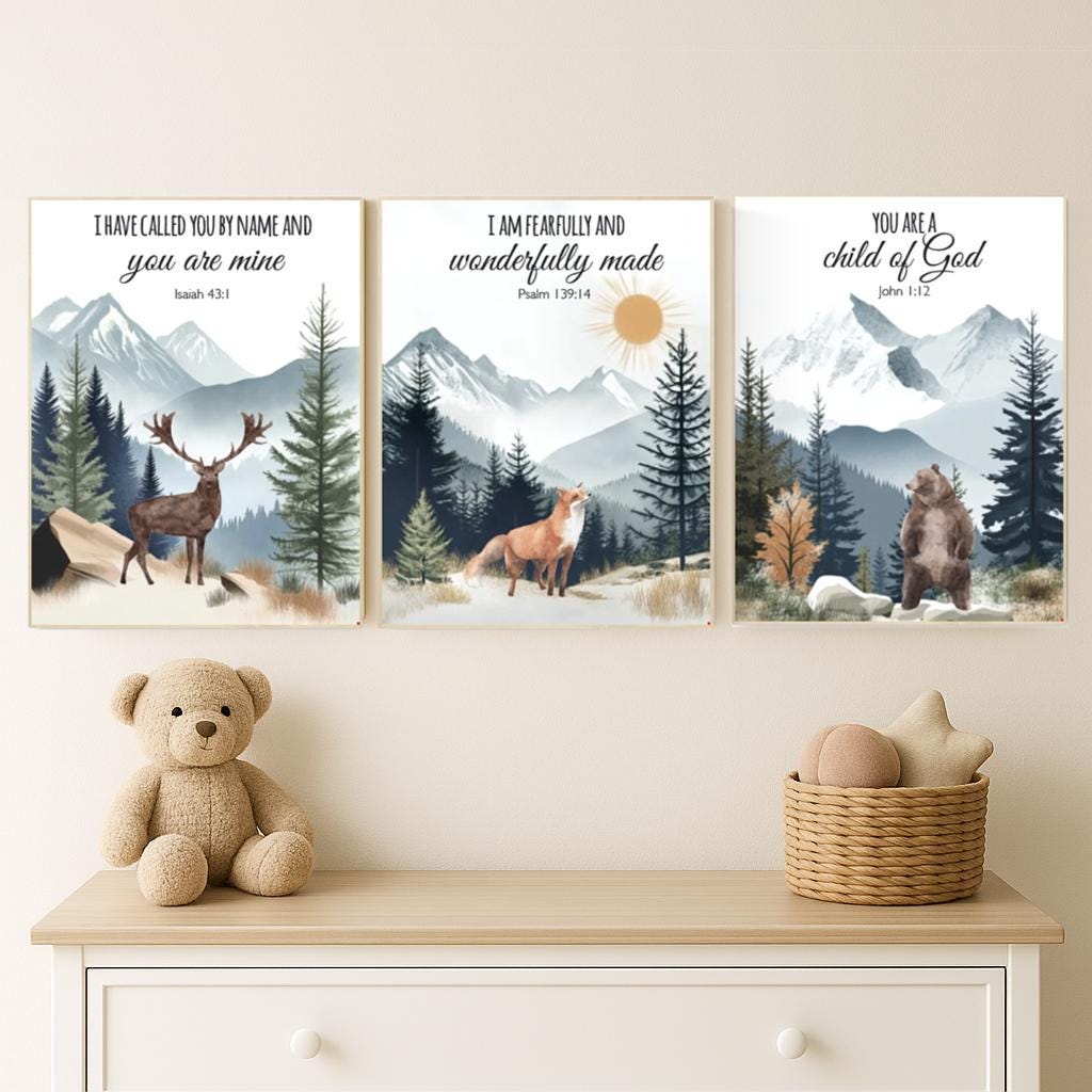Woodland Nursery Decor: Mountain Wall Art, Sage Green Forest Print