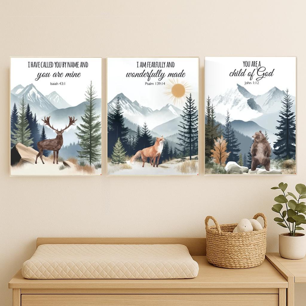 Woodland Nursery Decor: Mountain Wall Art, Sage Green Forest Print