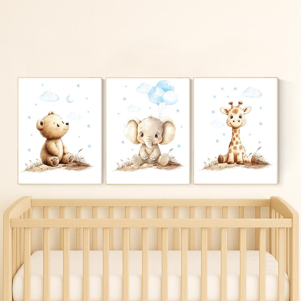 Boy Nursery Wall Art Set of 3 | Baby Bear, Elephant, Giraffe Prints | Blue Safari Animal Artwork | Woodland Jungle Baby Room Decor