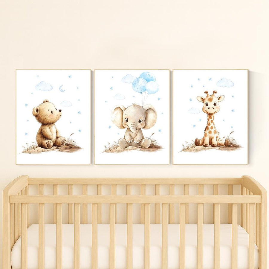 Boy Nursery Wall Art Set of 3 | Baby Bear, Elephant, Giraffe Prints | Blue Safari Animal Artwork | Woodland Jungle Baby Room Decor