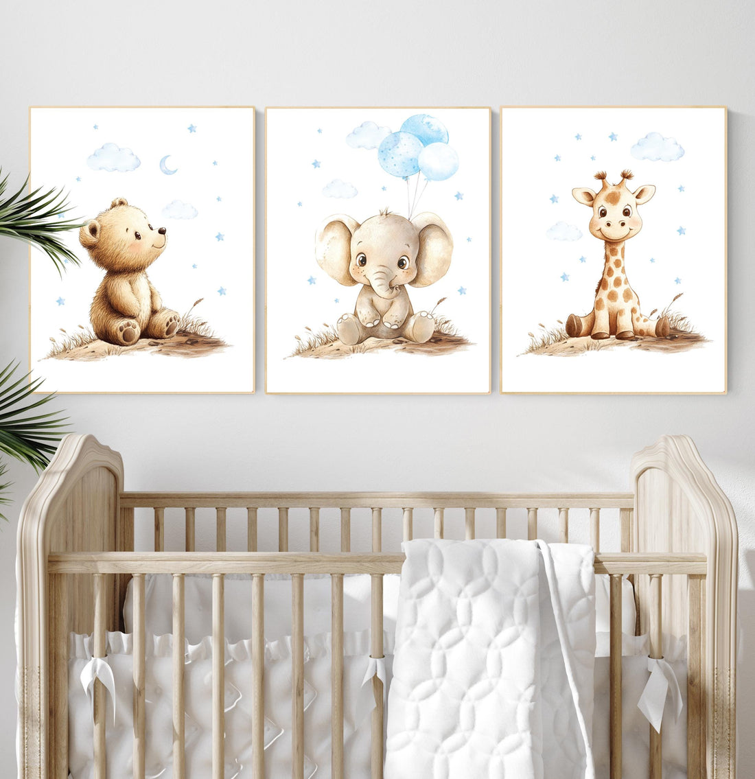 Boy Nursery Wall Art Set of 3 | Baby Bear, Elephant, Giraffe Prints | Blue Safari Animal Artwork | Woodland Jungle Baby Room Decor