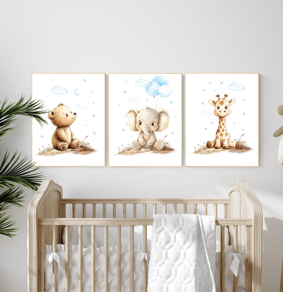 Boy Nursery Wall Art Set of 3 | Baby Bear, Elephant, Giraffe Prints | Blue Safari Animal Artwork | Woodland Jungle Baby Room Decor