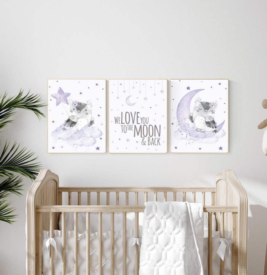 Purple Owl Nursery Decor: Lavender Girl Room Wall Art Print