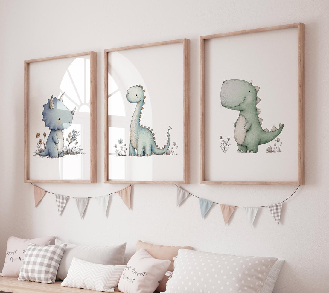 Dinosaur Nursery Prints - Set of 3 Baby Dino Wall Art