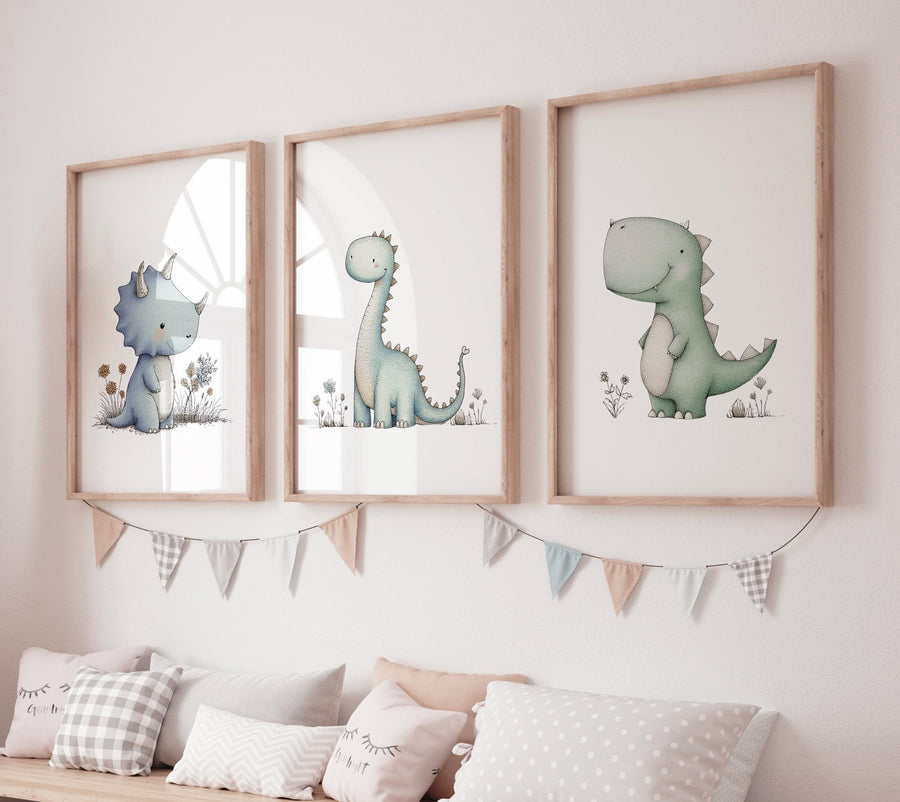 Dinosaur Nursery Prints - Set of 3 Baby Dino Wall Art