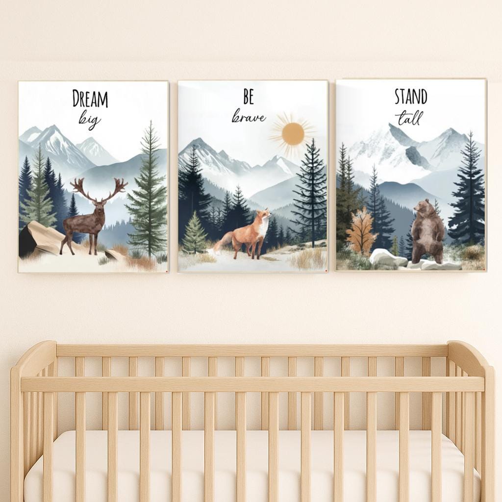 Woodland Nursery Prints: Deer, Fox, Bear - Mountain Adventure Art (Set of 3)