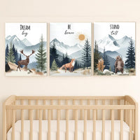 Woodland Nursery Prints: Deer, Fox, Bear - Mountain Adventure Art (Set of 3)