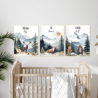 Woodland Nursery Prints: Deer, Fox, Bear - Mountain Adventure Art (Set of 3)