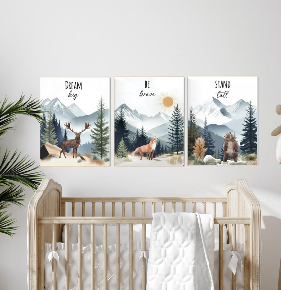 Woodland Nursery Prints: Deer, Fox, Bear - Mountain Adventure Art (Set of 3)