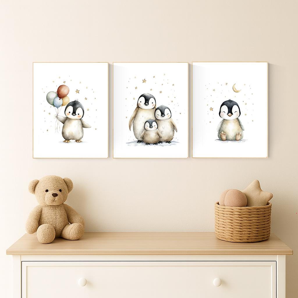 Penguin Nursery Art Prints - Gender Neutral Baby Room Decor Set
