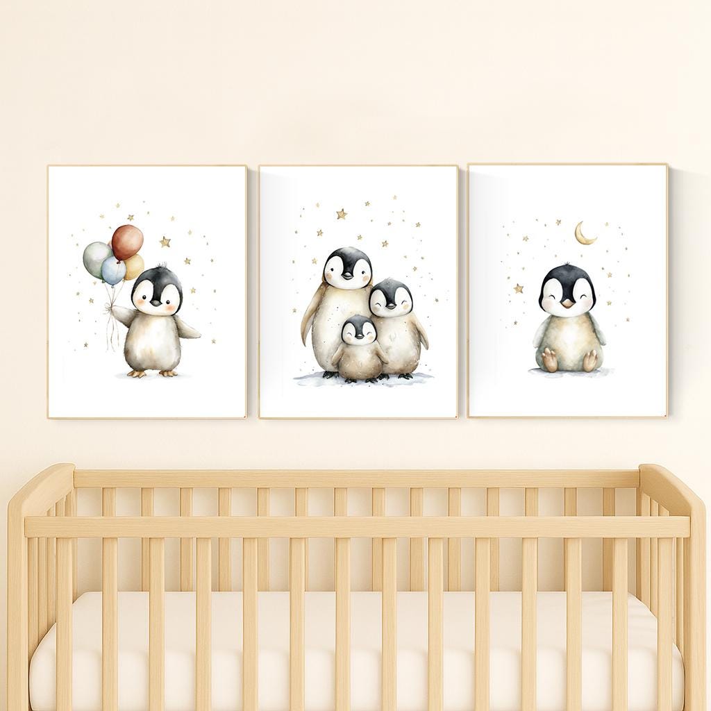 Penguin Nursery Art Prints - Gender Neutral Baby Room Decor Set
