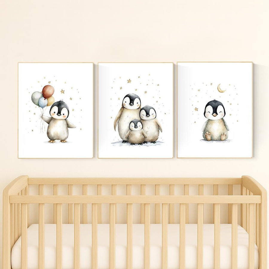 Penguin Nursery Art Prints - Gender Neutral Baby Room Decor Set